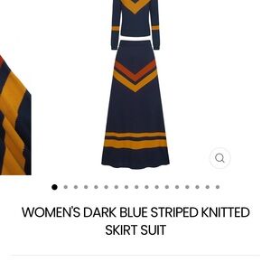 Dark Blue Long Sleeve Knit Dress with Gold and Rust Chevron Stripes